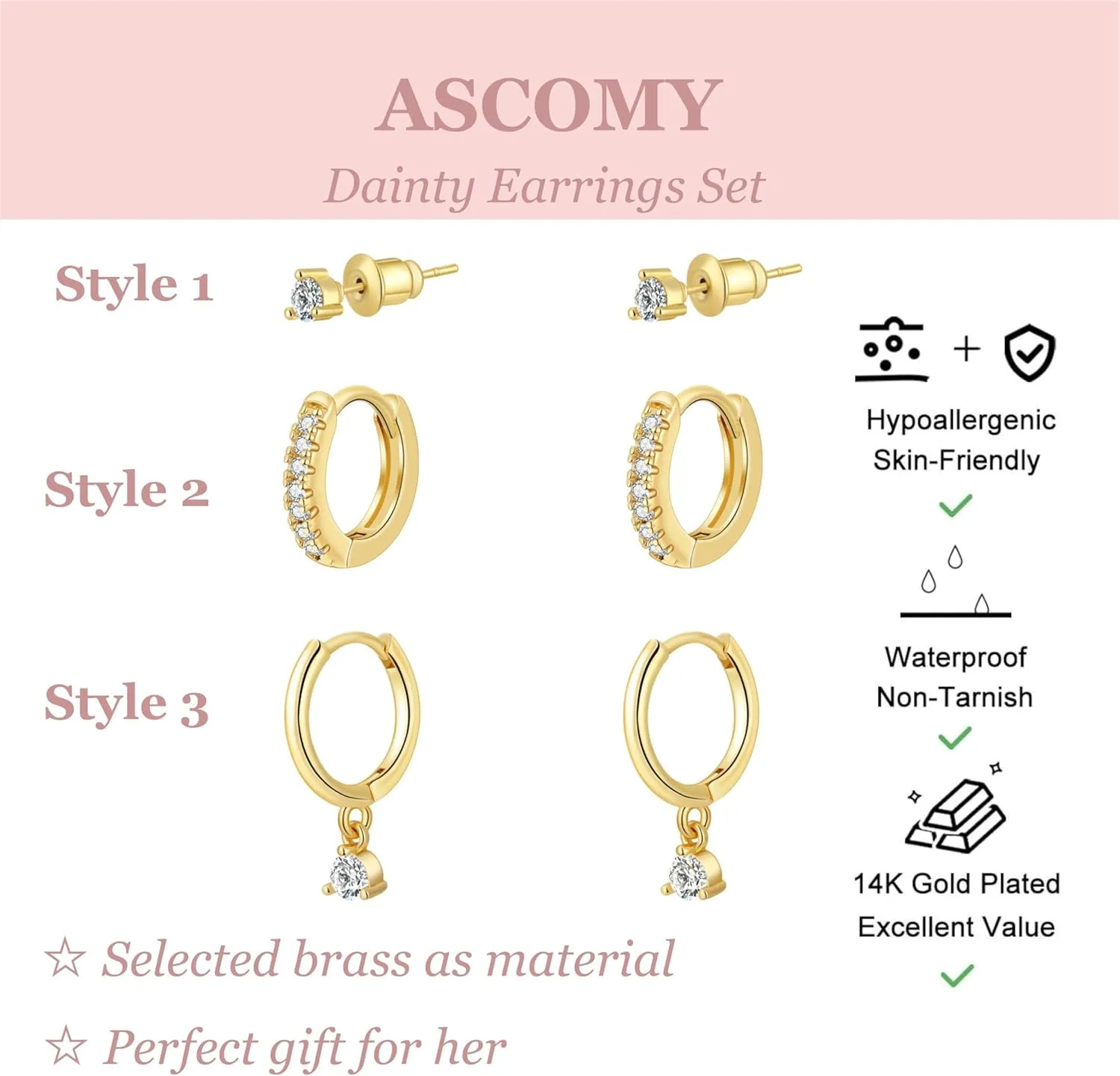 ASCOMY Gold Hoop Earrings Set for Women - 14K Gold/White Gold Plated Huggie Hoops, Cubic Zirconia Studs, Chunky Open Hoops - CZ Jewelry Gifts