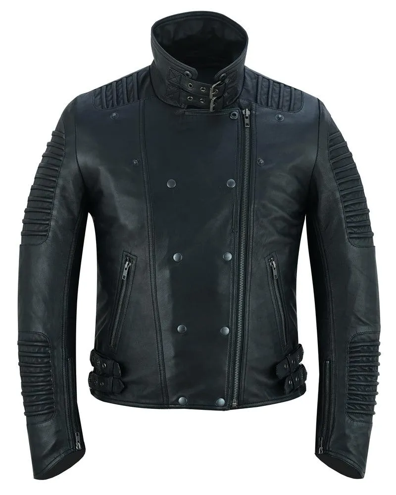 Black Ace Men's Black Fashion Leather Jacket with Ribbed Accents