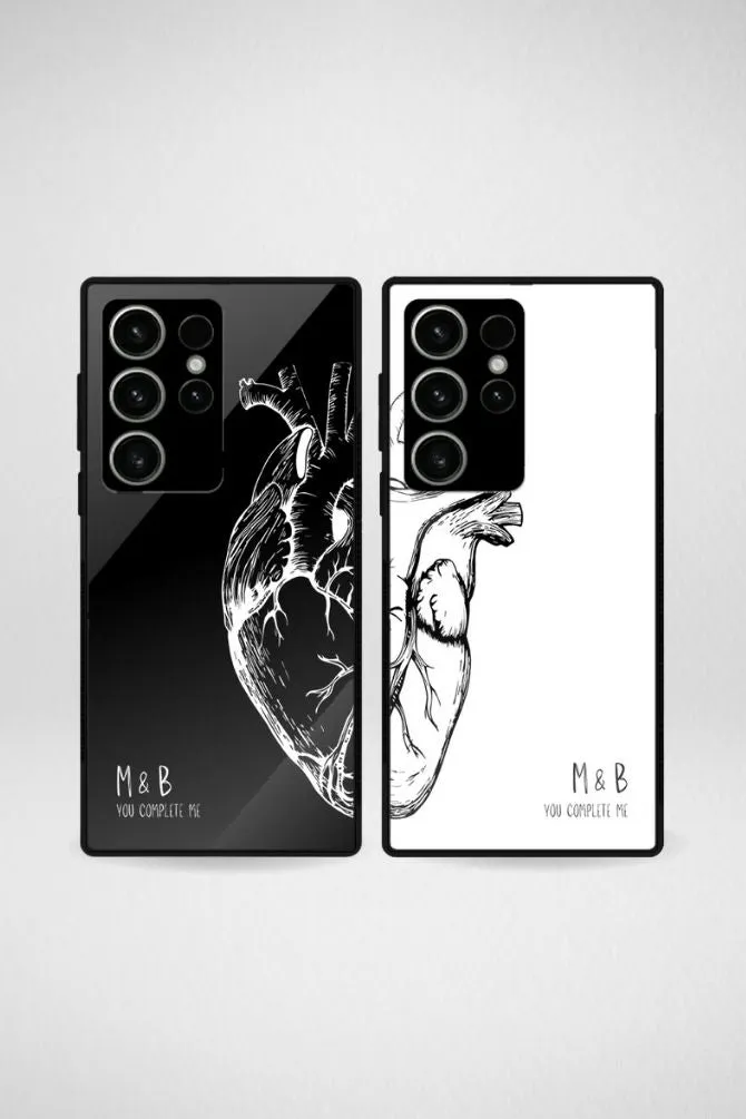 Black & White Heart Couple Customized Glass Mobile Case - iPhone, Samsung & OnePlus