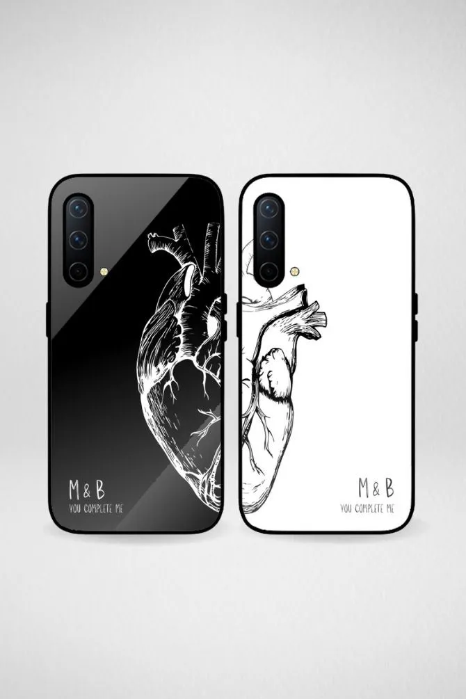 Black & White Heart Couple Customized Glass Mobile Case - iPhone, Samsung & OnePlus