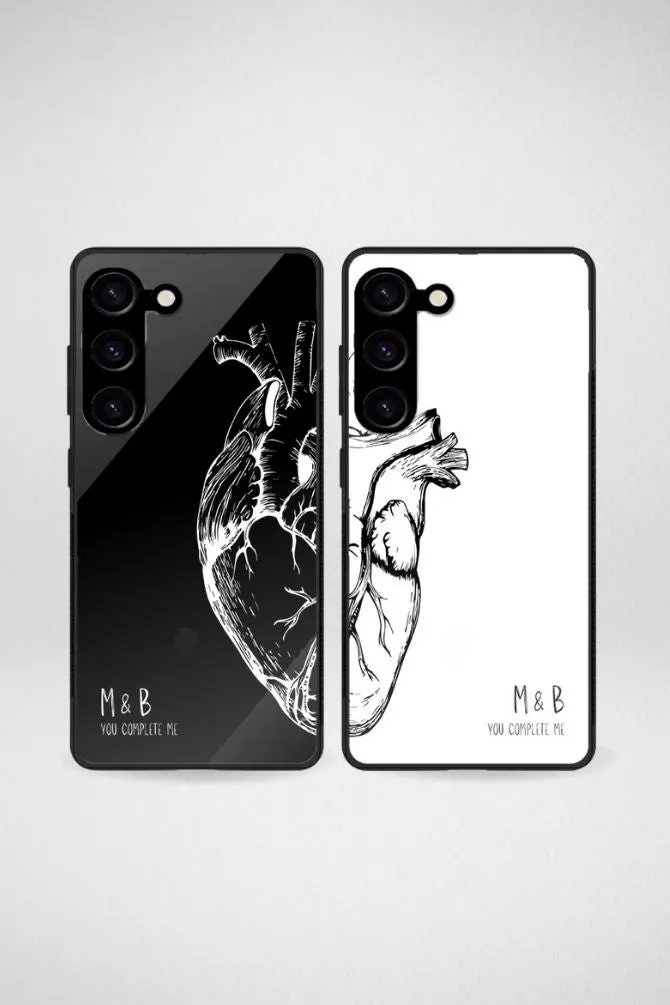 Black & White Heart Couple Customized Glass Mobile Case - iPhone, Samsung & OnePlus