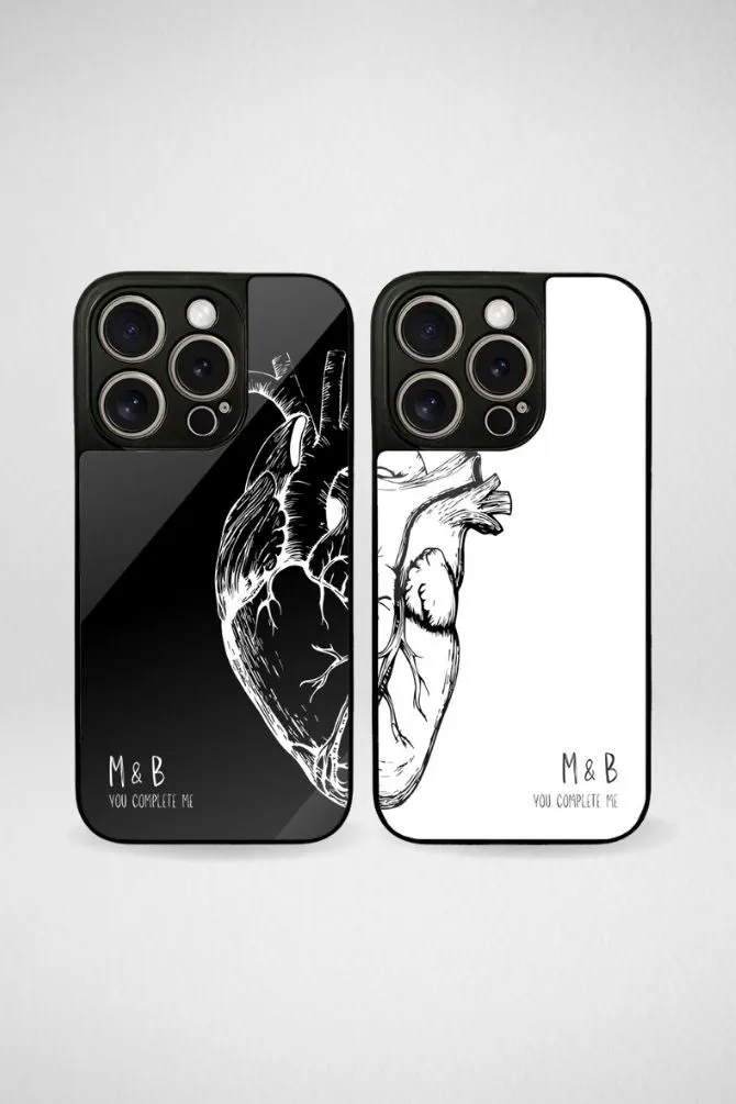 Black & White Heart Couple Customized Glass Mobile Case - iPhone, Samsung & OnePlus