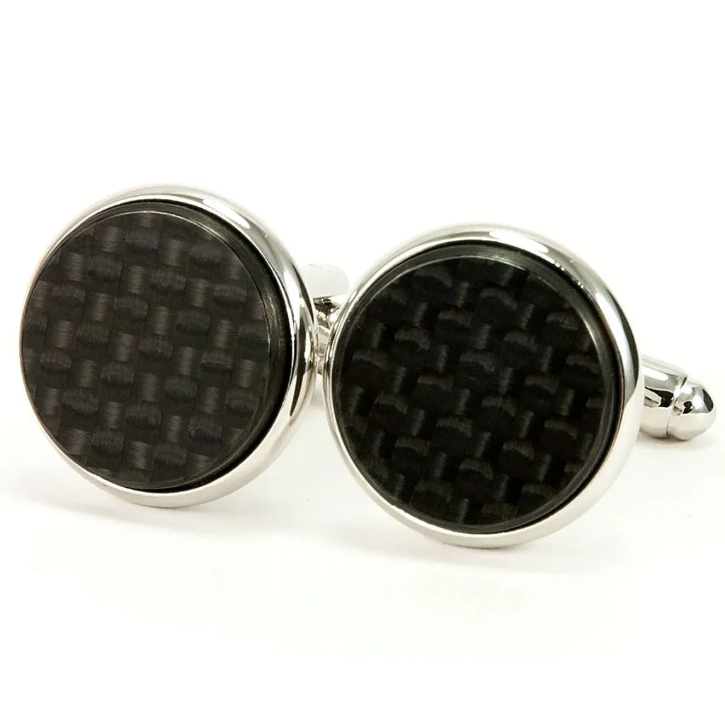 Black Carbon Fiber Silver Cufflinks