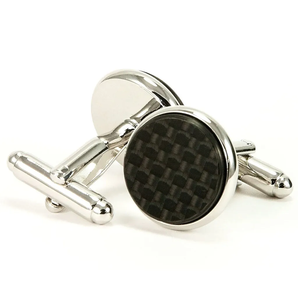 Black Carbon Fiber Silver Cufflinks