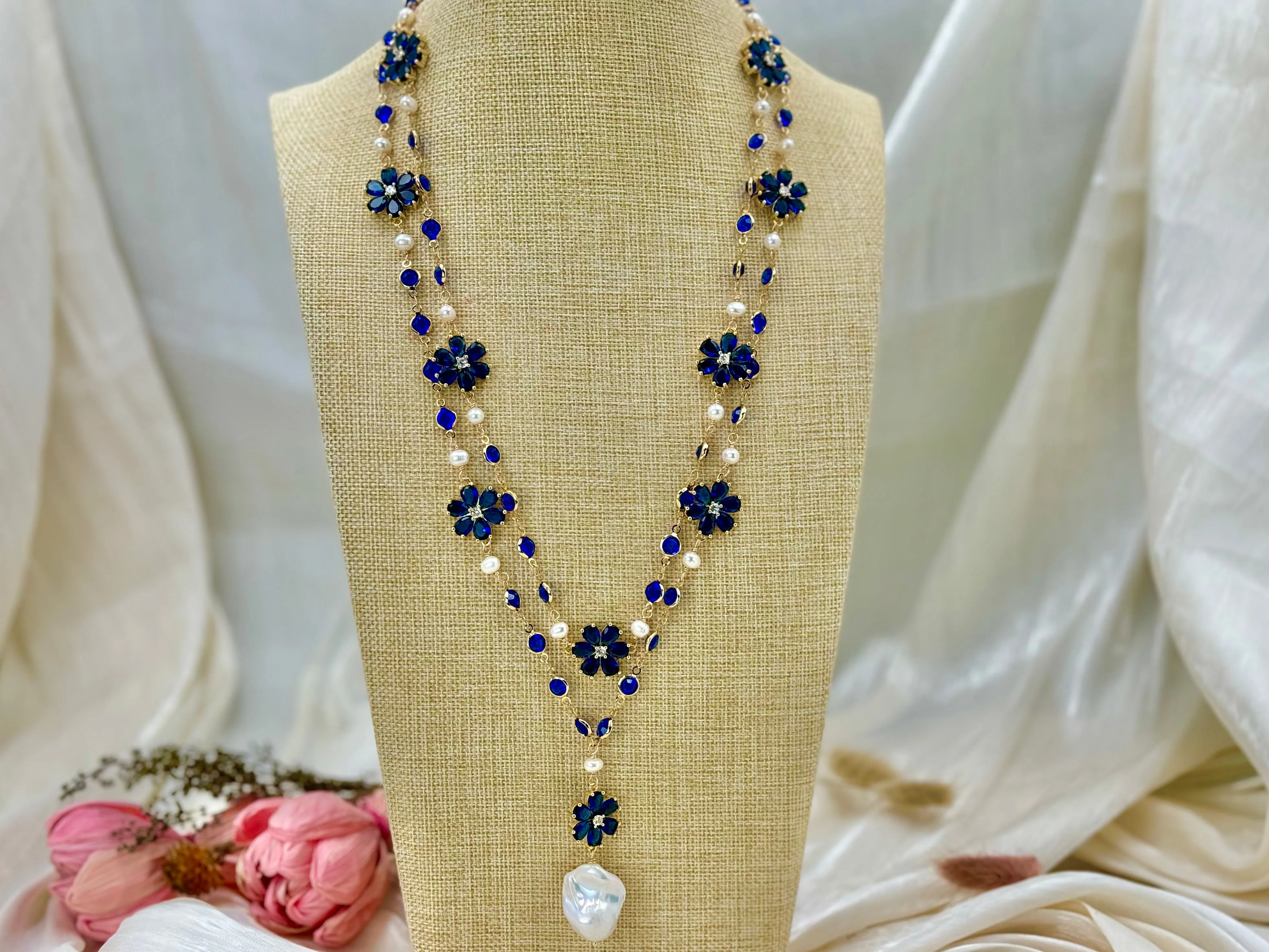 Blue floral cultured baroque pearl drop necklace