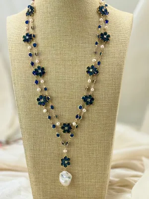 Blue floral cultured baroque pearl drop necklace