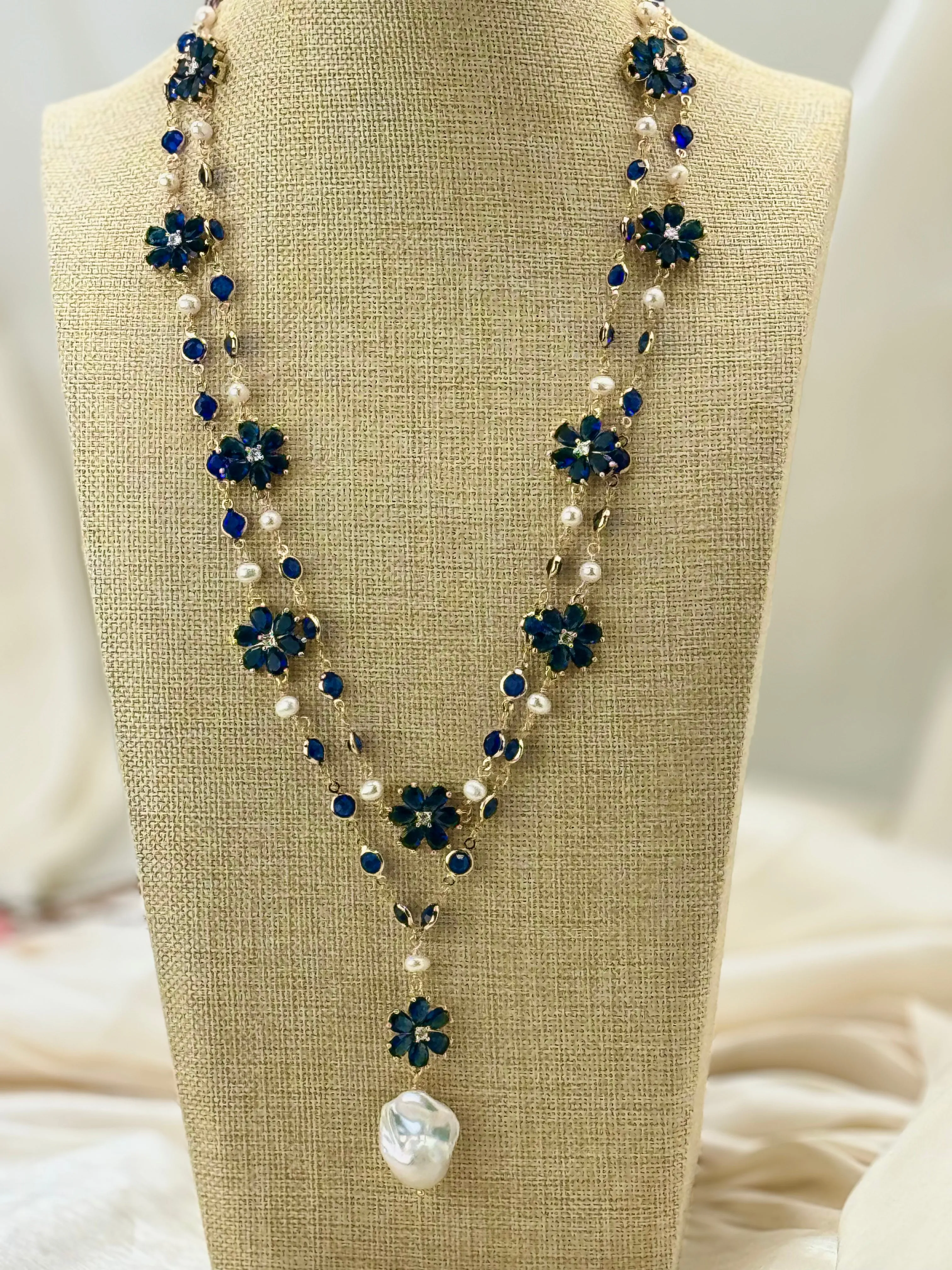 Blue floral cultured baroque pearl drop necklace
