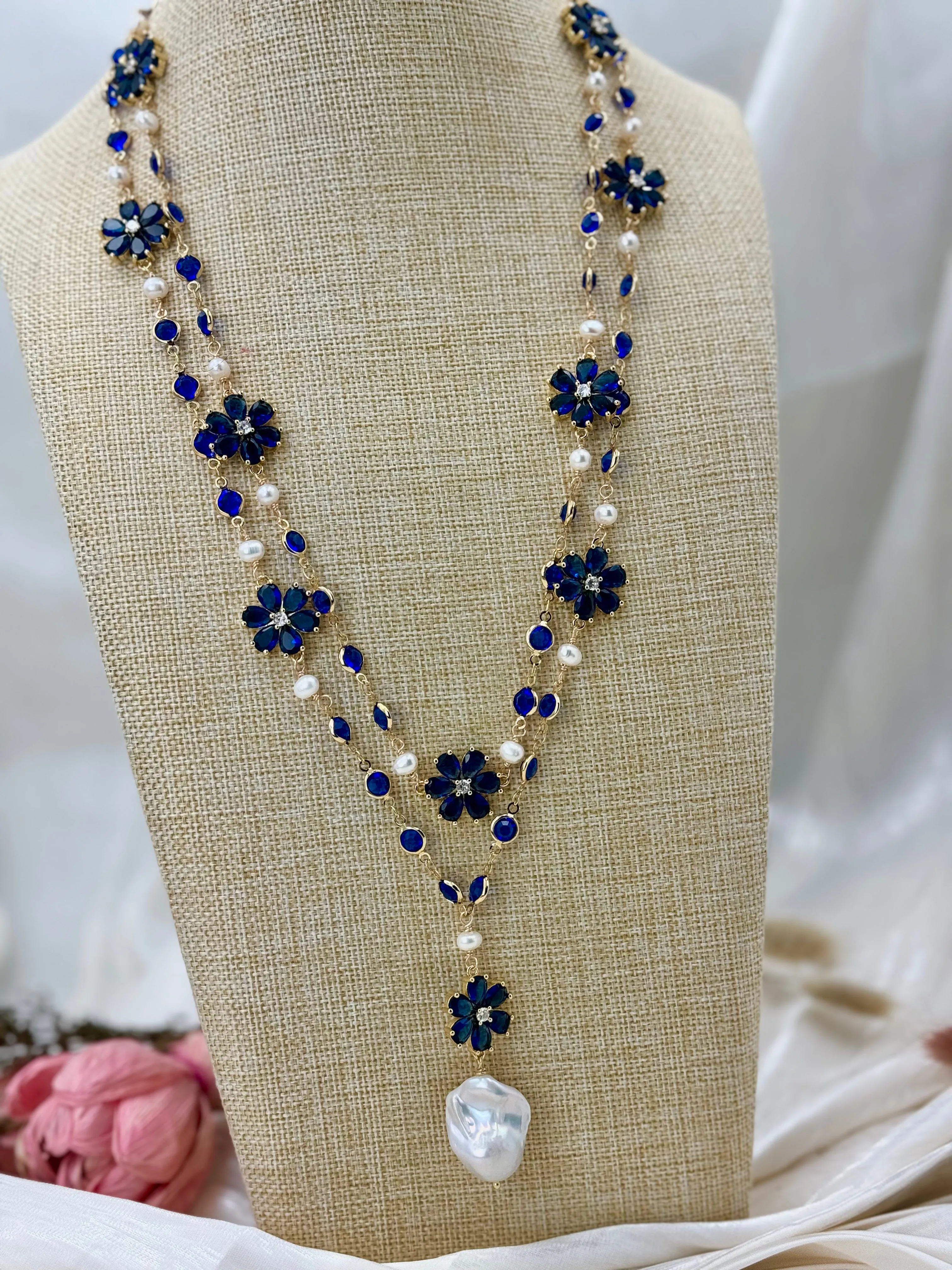 Blue floral cultured baroque pearl drop necklace