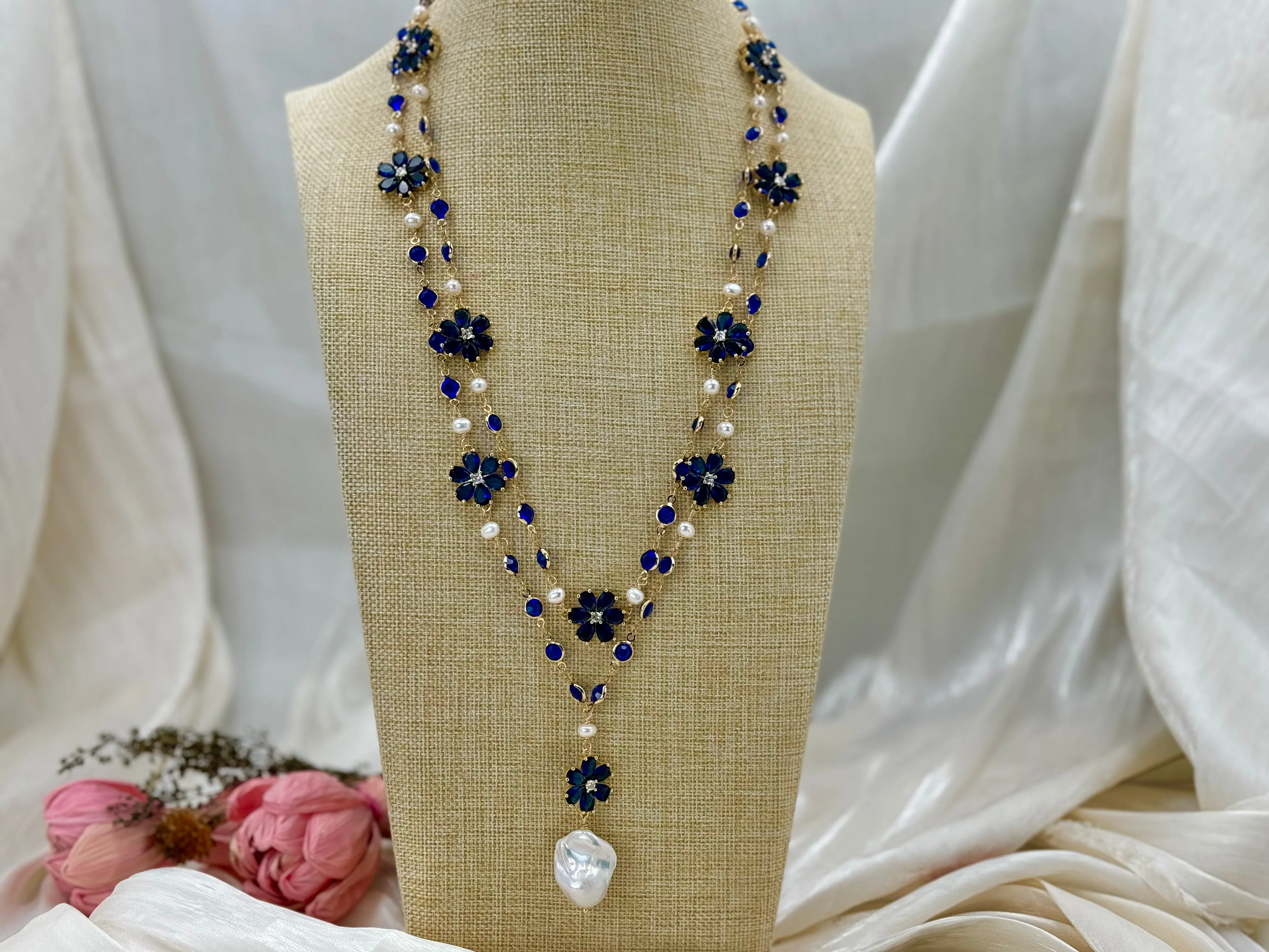 Blue floral cultured baroque pearl drop necklace