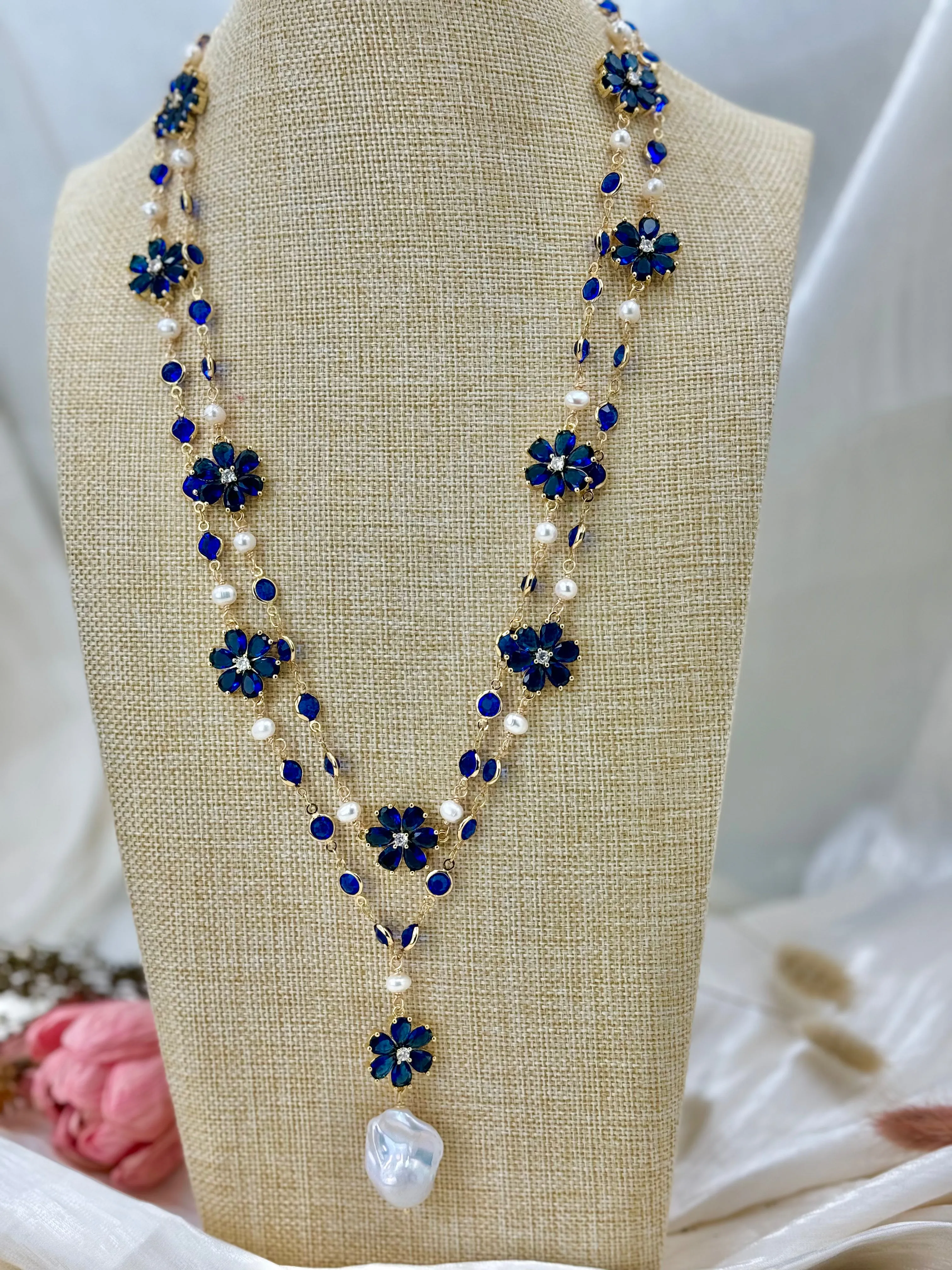 Blue floral cultured baroque pearl drop necklace