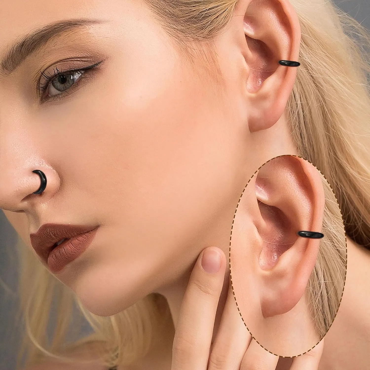 Btysun Nose Rings for Women, Septum Hinged Hoop 16G Nostril Helix Cartilage Earrings, Tragus Rock Conch Lip Daith Piercing Jewelry 8MM 10MM