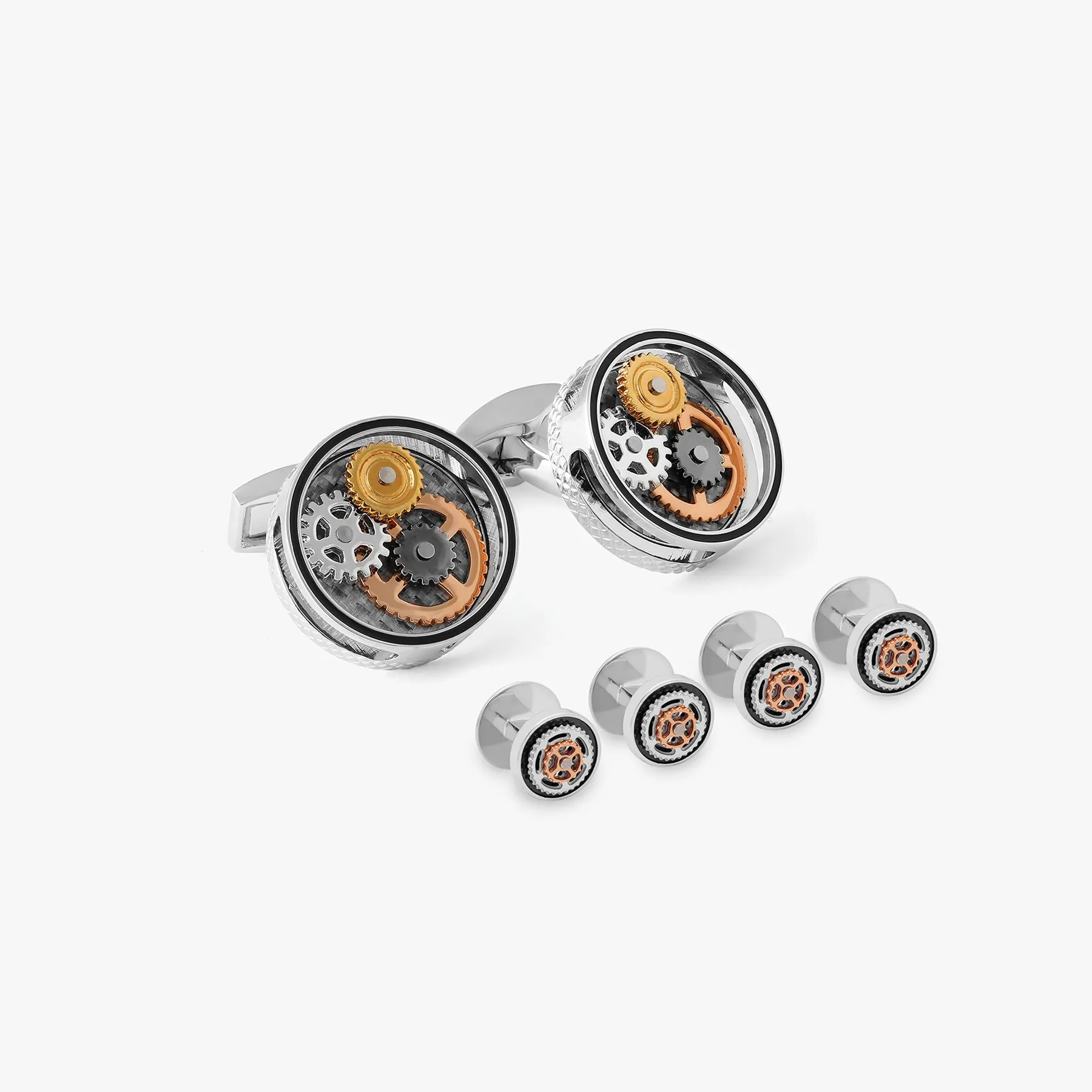 Carbon Gear Cufflinks & Shirt Stud Set in Palladium Plated