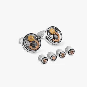 Carbon Gear Cufflinks & Shirt Stud Set in Palladium Plated
