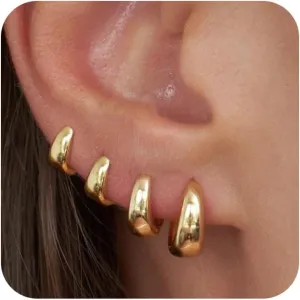 CHESKY 4 Pairs Gold Hoop Earrings Set for Women Trendy, Chunky Huggie Hoop Earrings 14K Gold Filled/Silver Hypoallergenic Small Thick Cartilage Hoop Earrings Stack for Multiple Piercing Gold Jewelry