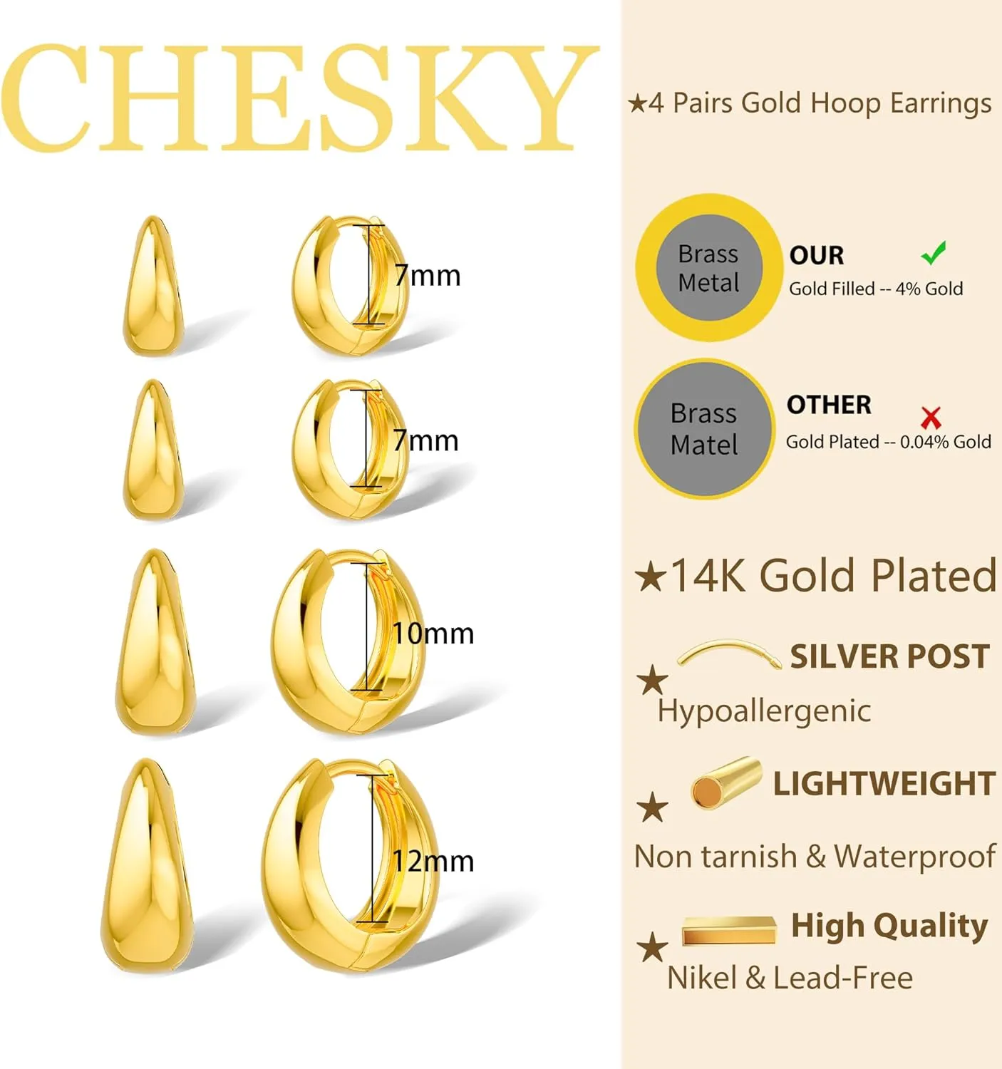 CHESKY 4 Pairs Gold Hoop Earrings Set for Women Trendy, Chunky Huggie Hoop Earrings 14K Gold Filled/Silver Hypoallergenic Small Thick Cartilage Hoop Earrings Stack for Multiple Piercing Gold Jewelry