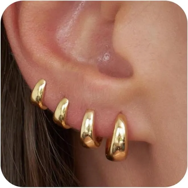 CHESKY 4 Pairs Gold Hoop Earrings Set for Women Trendy, Chunky Huggie Hoop Earrings 14K Gold Filled/Silver Hypoallergenic Small Thick Cartilage Hoop Earrings Stack for Multiple Piercing Gold Jewelry