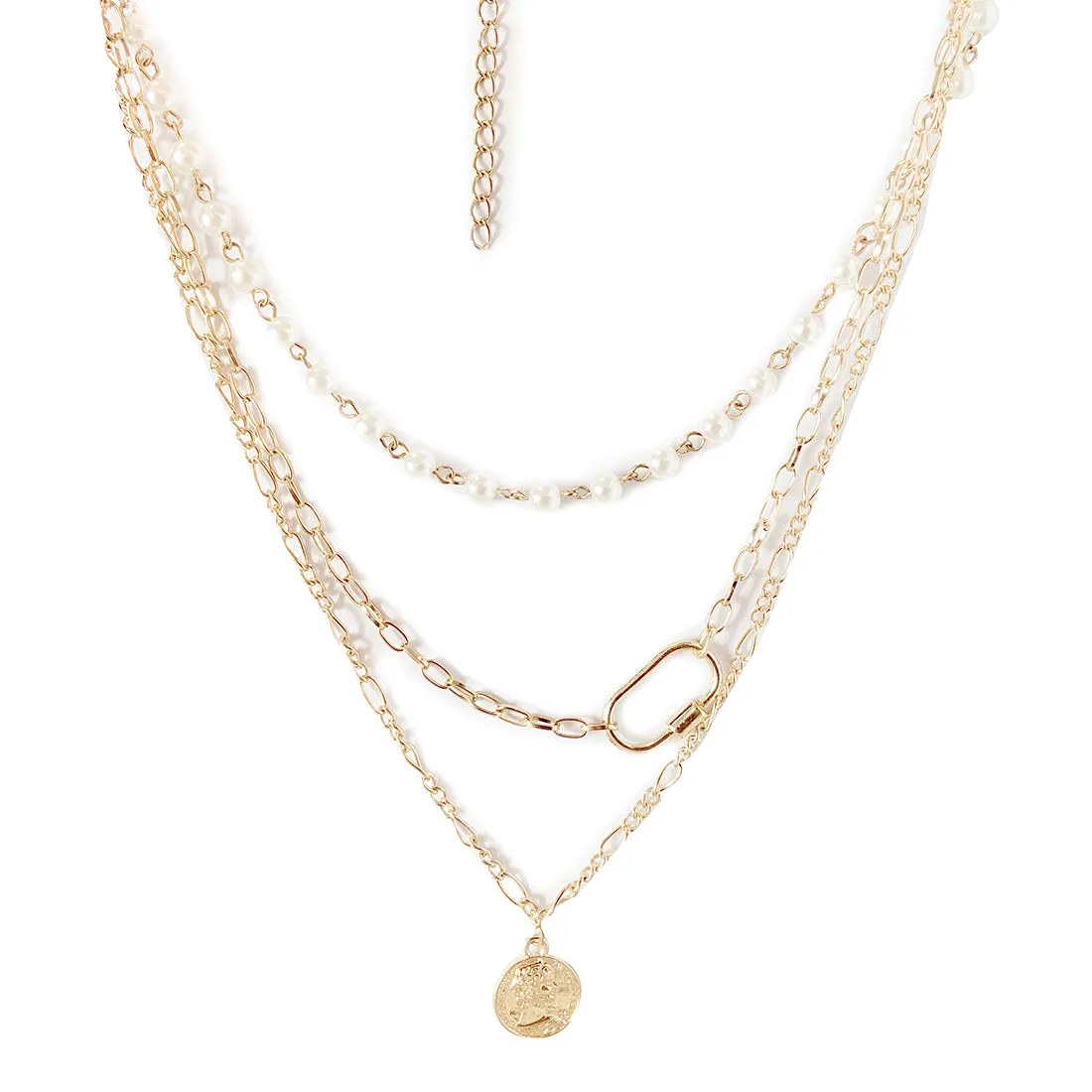 CHUNKY COIN PENDANT PEARL STUDDED CHAIN LINK GOLD-TONED LAYERED NECKLACE