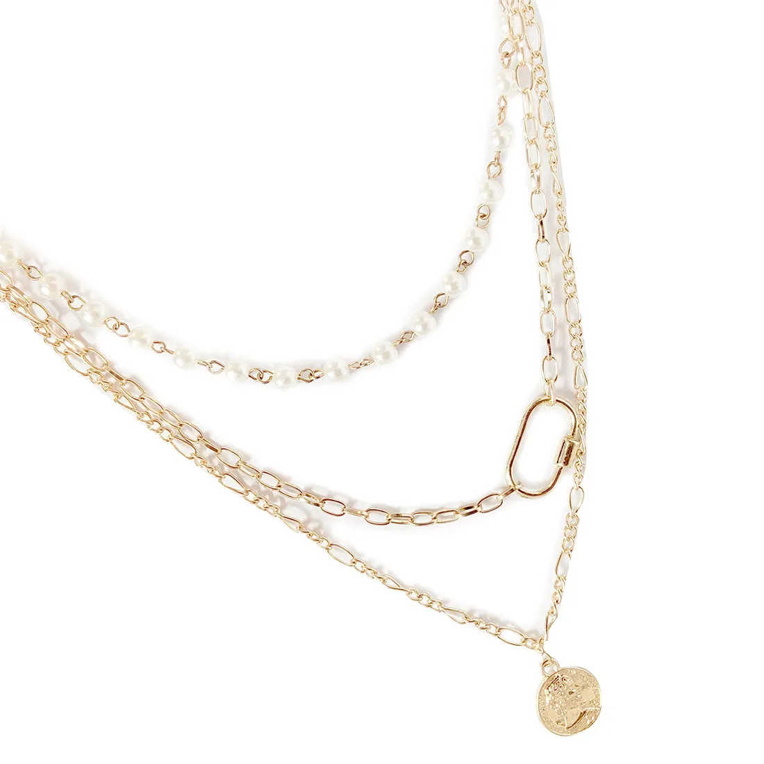 CHUNKY COIN PENDANT PEARL STUDDED CHAIN LINK GOLD-TONED LAYERED NECKLACE
