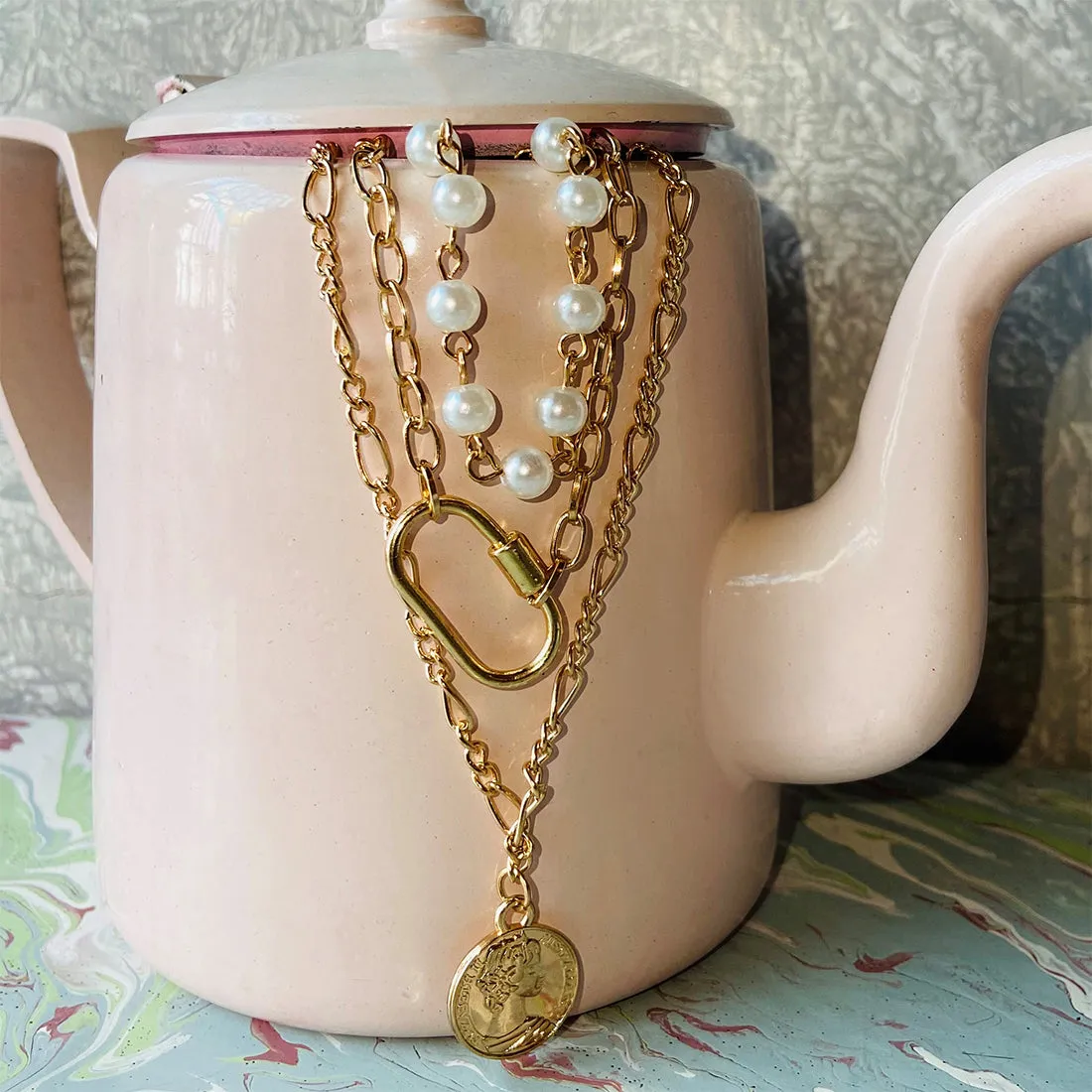 CHUNKY COIN PENDANT PEARL STUDDED CHAIN LINK GOLD-TONED LAYERED NECKLACE