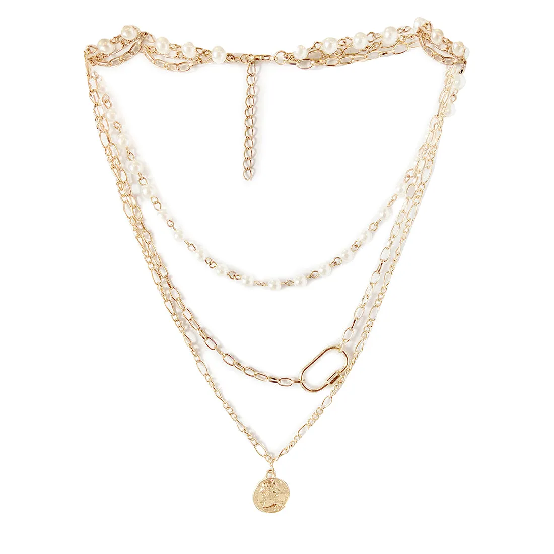 CHUNKY COIN PENDANT PEARL STUDDED CHAIN LINK GOLD-TONED LAYERED NECKLACE