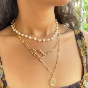 CHUNKY COIN PENDANT PEARL STUDDED CHAIN LINK GOLD-TONED LAYERED NECKLACE