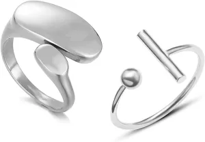 Chunky Dome Ring Stainless Steel Statement Rings for Women Teen Girls Irregular Geometric Rings Titanium Stackable Rings Adjustable Knuckle Midi Rings Set Open Finger Rings Aesthetic Jewelry 2 Pack