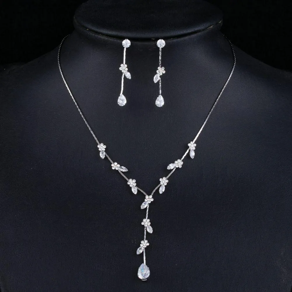 Clear Cubic Zirconia Small Flower Water Drop Jewelry Set
