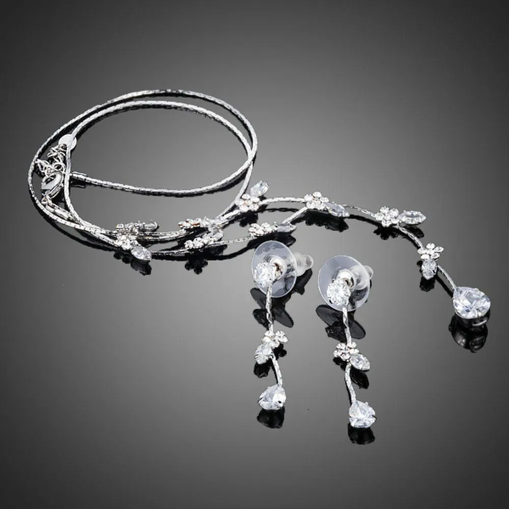 Clear Cubic Zirconia Small Flower Water Drop Jewelry Set