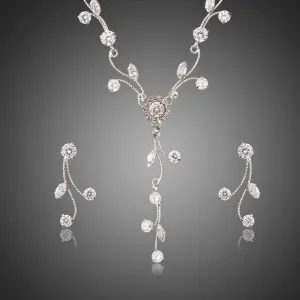 Clear Zirconia Sparkling Flower with Branch Geometric Jewelry Set