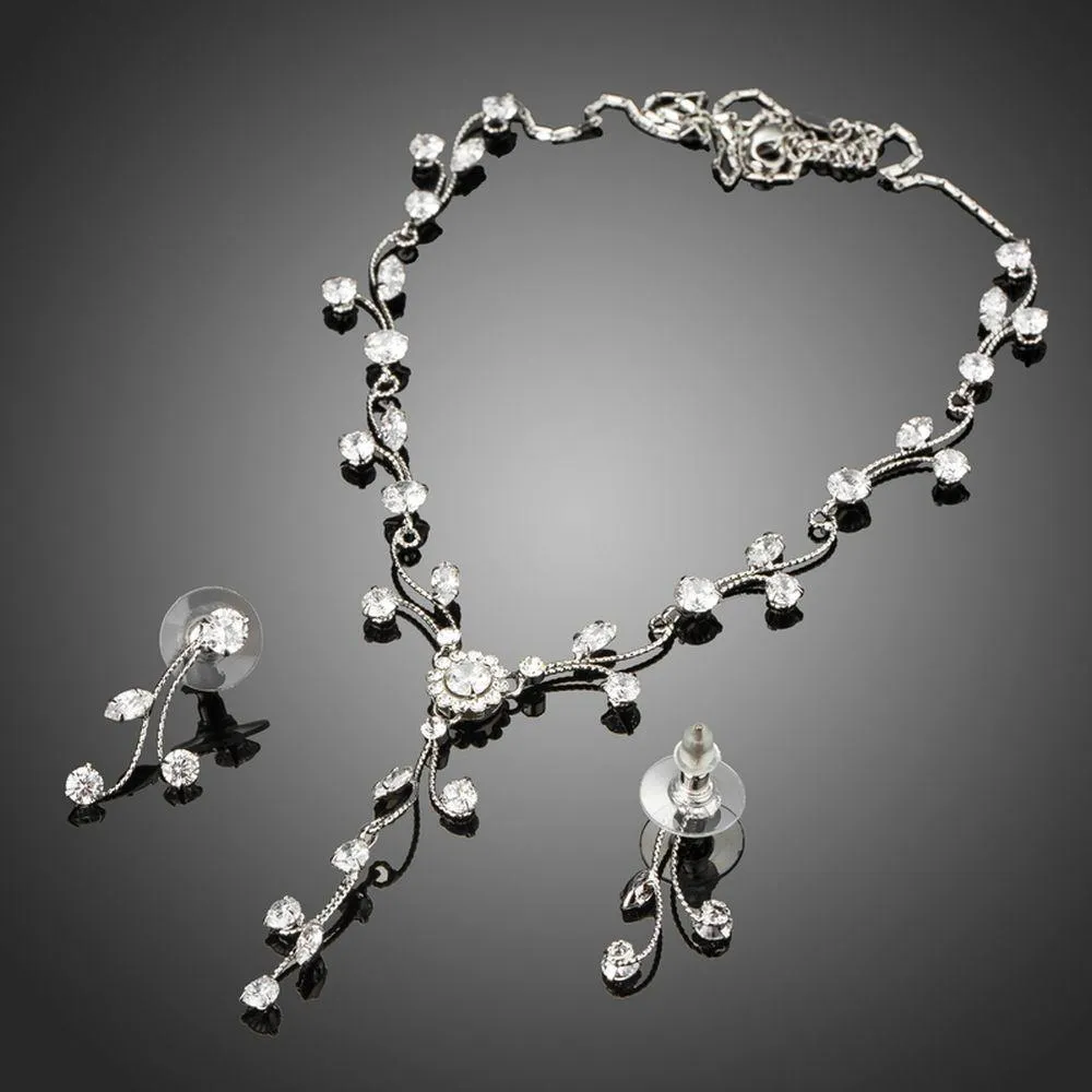 Clear Zirconia Sparkling Flower with Branch Geometric Jewelry Set