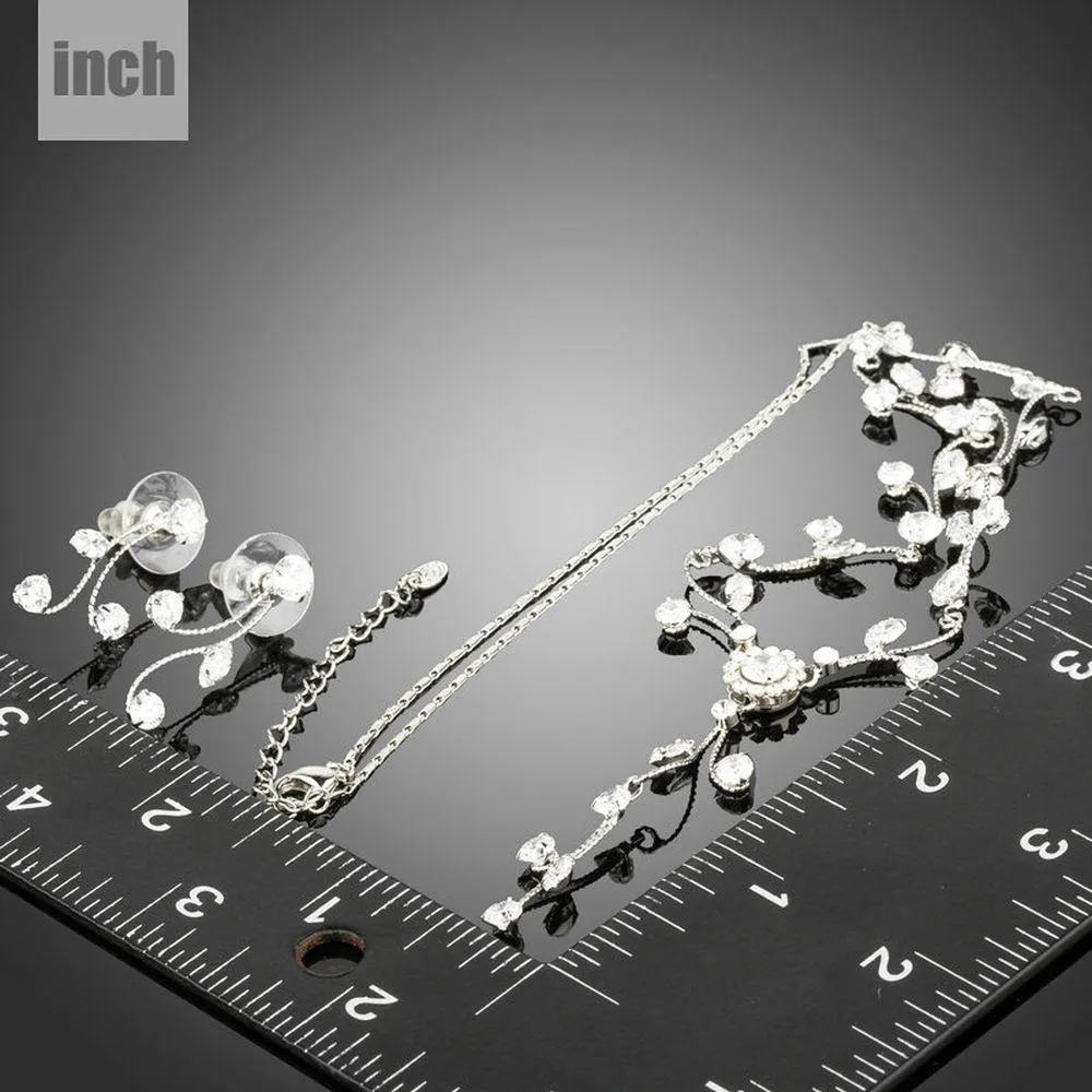 Clear Zirconia Sparkling Flower with Branch Geometric Jewelry Set