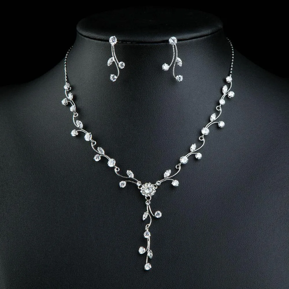 Clear Zirconia Sparkling Flower with Branch Geometric Jewelry Set