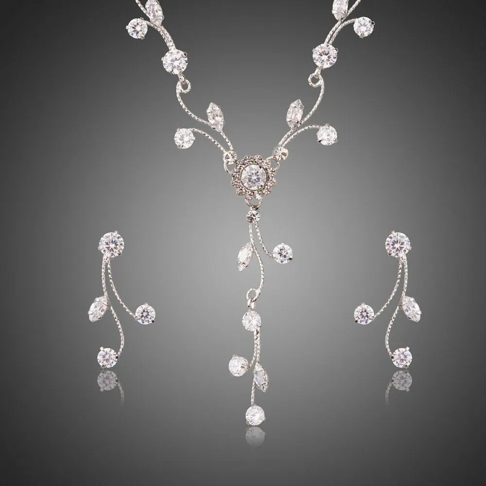 Clear Zirconia Sparkling Flower with Branch Geometric Jewelry Set