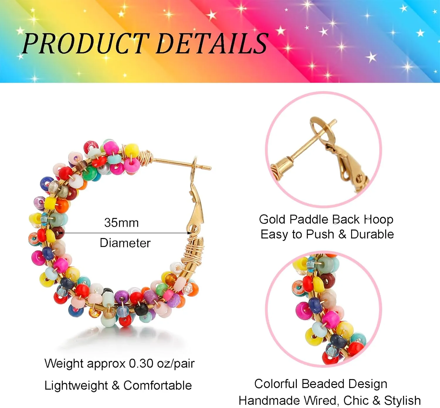 Colorful Beaded Earrings for Women, Boho Flower Hoop Earrings