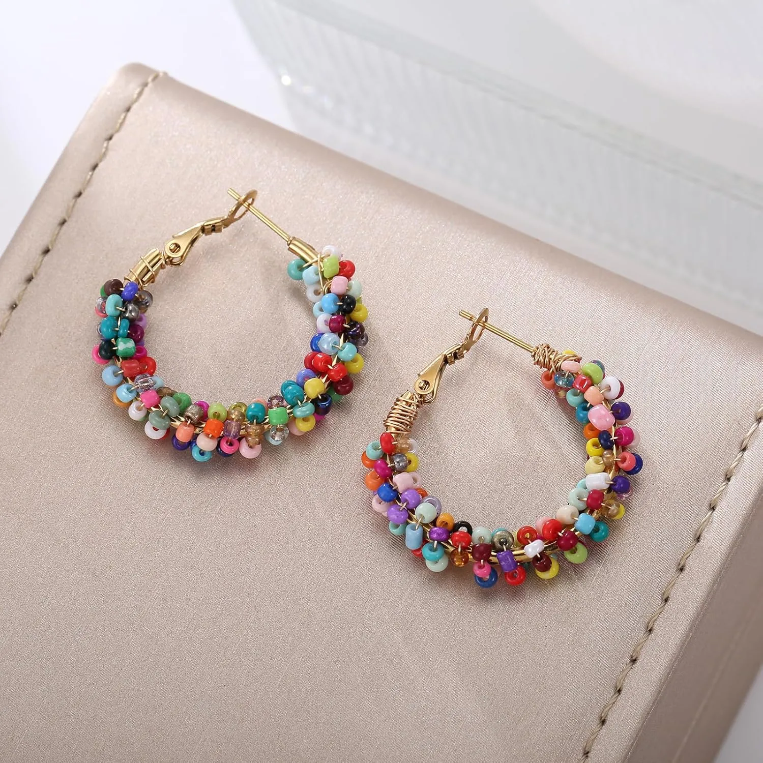 Colorful Beaded Earrings for Women, Boho Flower Hoop Earrings