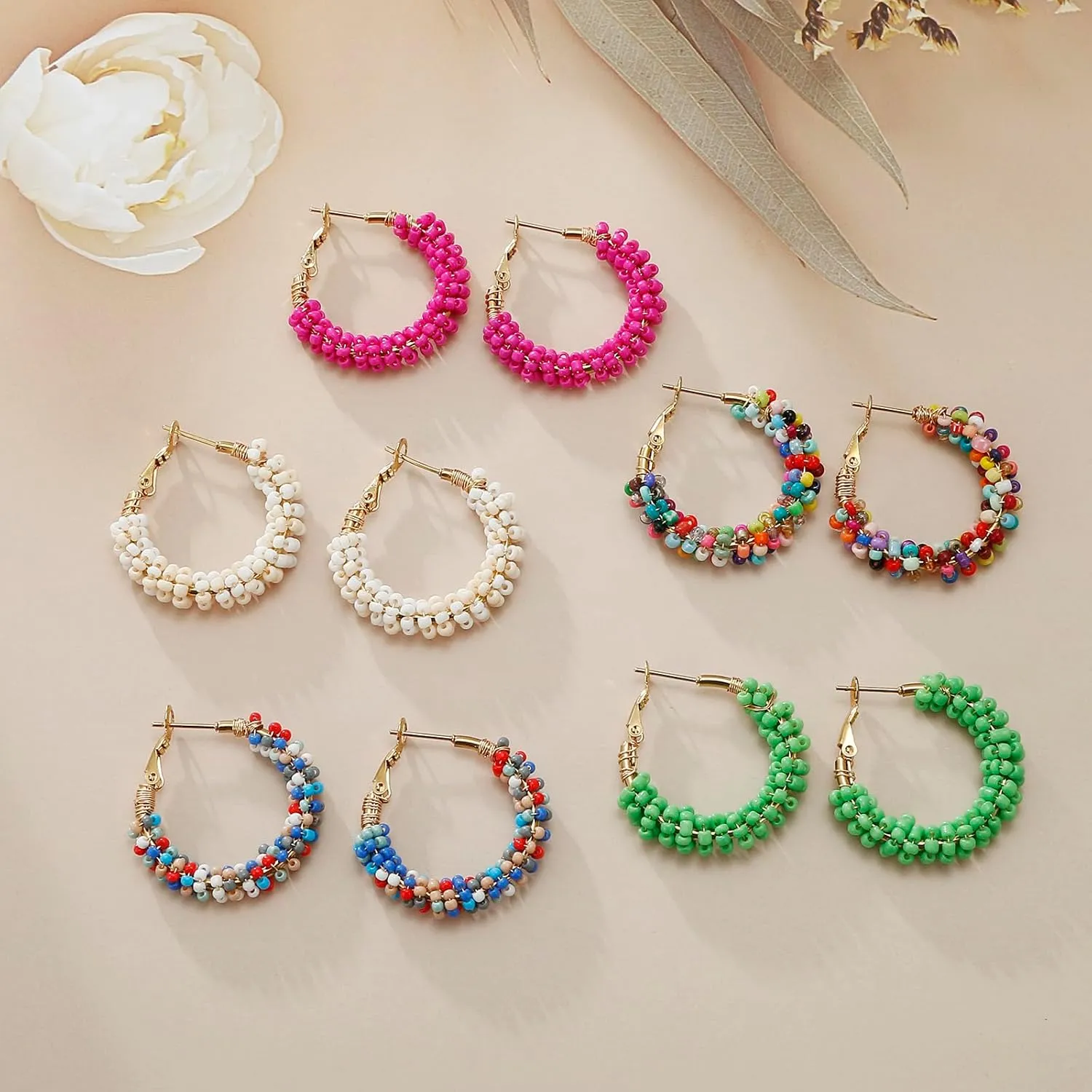 Colorful Beaded Earrings for Women, Boho Flower Hoop Earrings