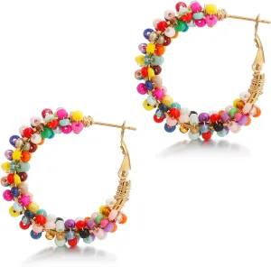 Colorful Beaded Earrings for Women, Boho Flower Hoop Earrings