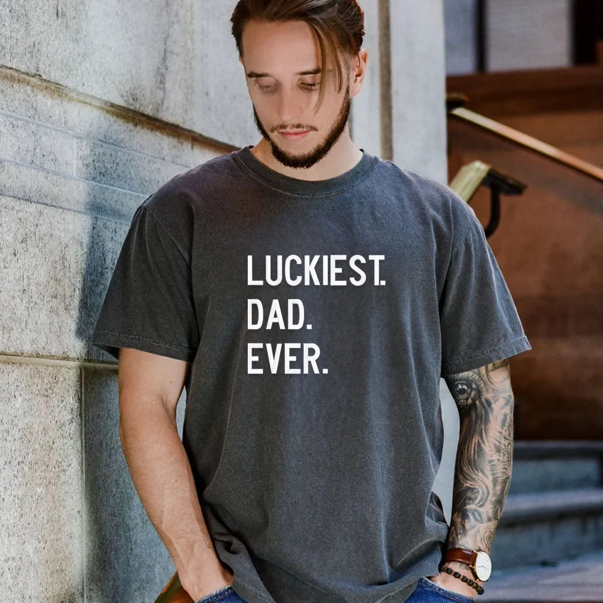 Comfort Color® Embroidered Luckiest Dad Ever Shirt
