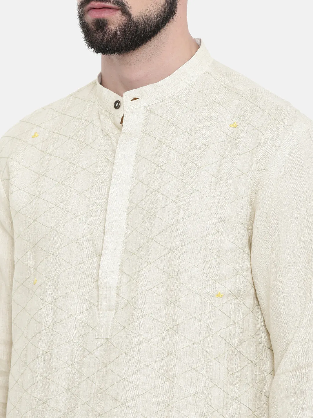 Cream Linen Embroidered Kurta Set  - MMK0249