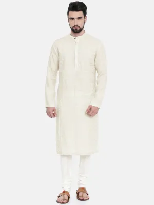 Cream Linen Embroidered Kurta Set  - MMK0249