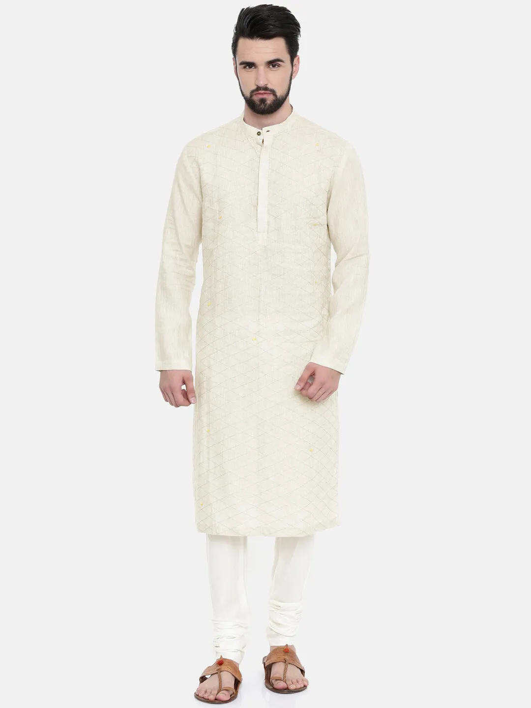Cream Linen Embroidered Kurta Set  - MMK0249