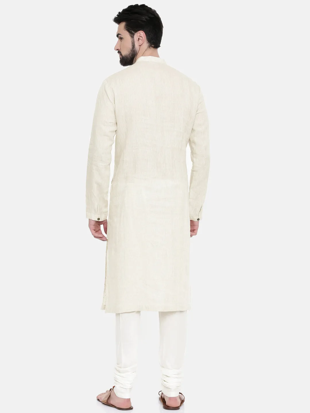 Cream Linen Embroidered Kurta Set  - MMK0249