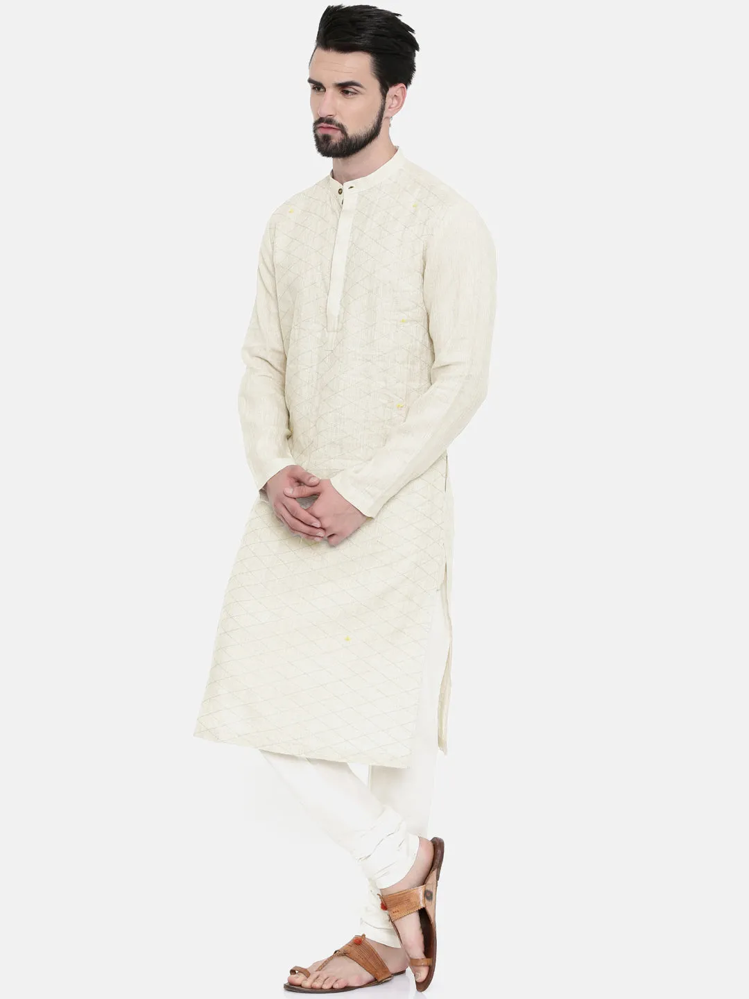 Cream Linen Embroidered Kurta Set  - MMK0249