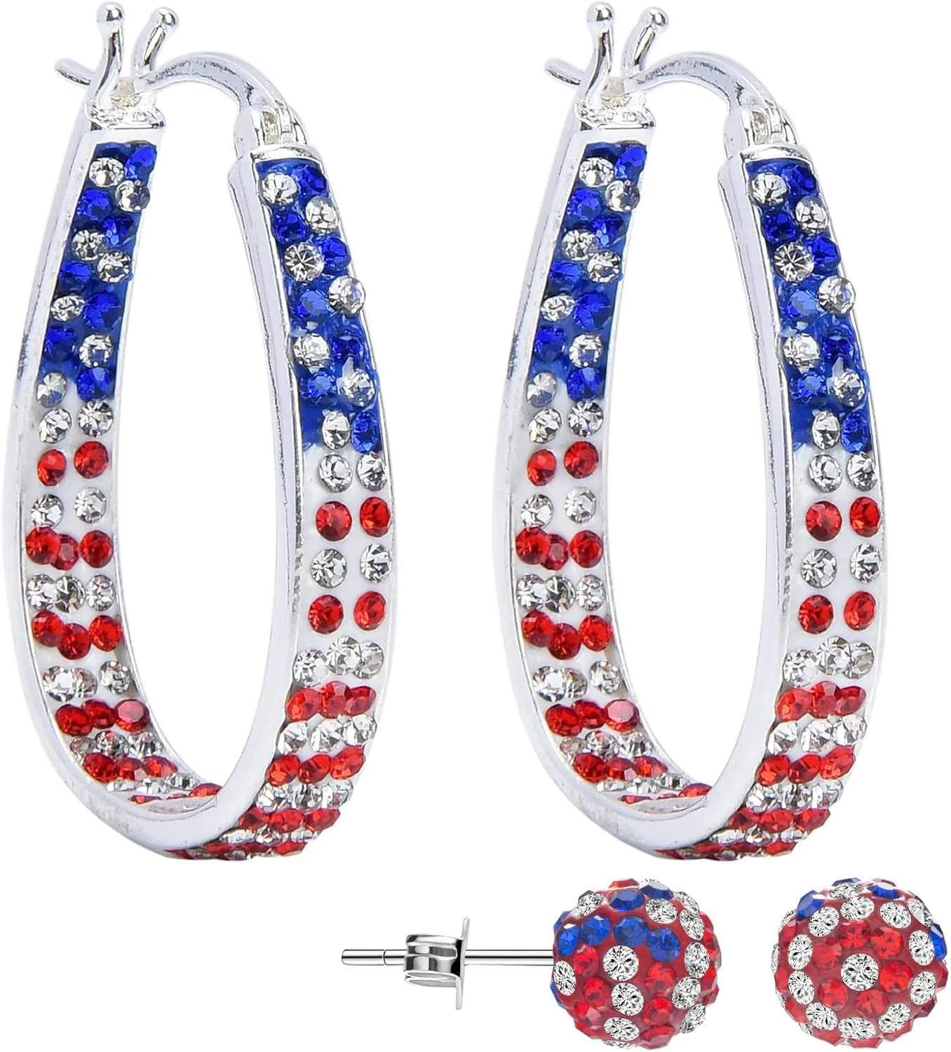 Crystal Hoop Earrings for Women Sparkly American Flag Earrings Silver Plated Red White and Blue Earrings Patriotic Jewelry Gift