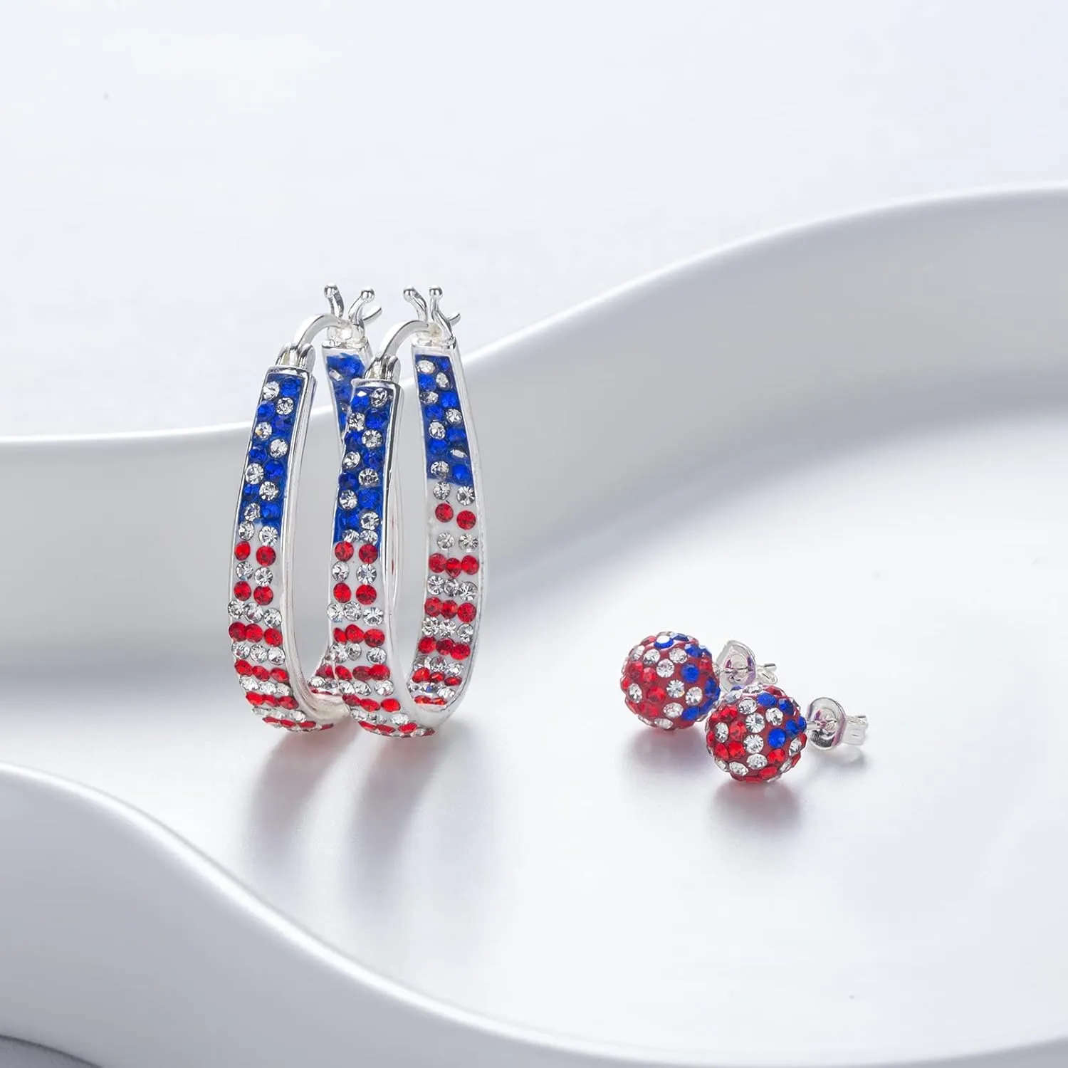 Crystal Hoop Earrings for Women Sparkly American Flag Earrings Silver Plated Red White and Blue Earrings Patriotic Jewelry Gift