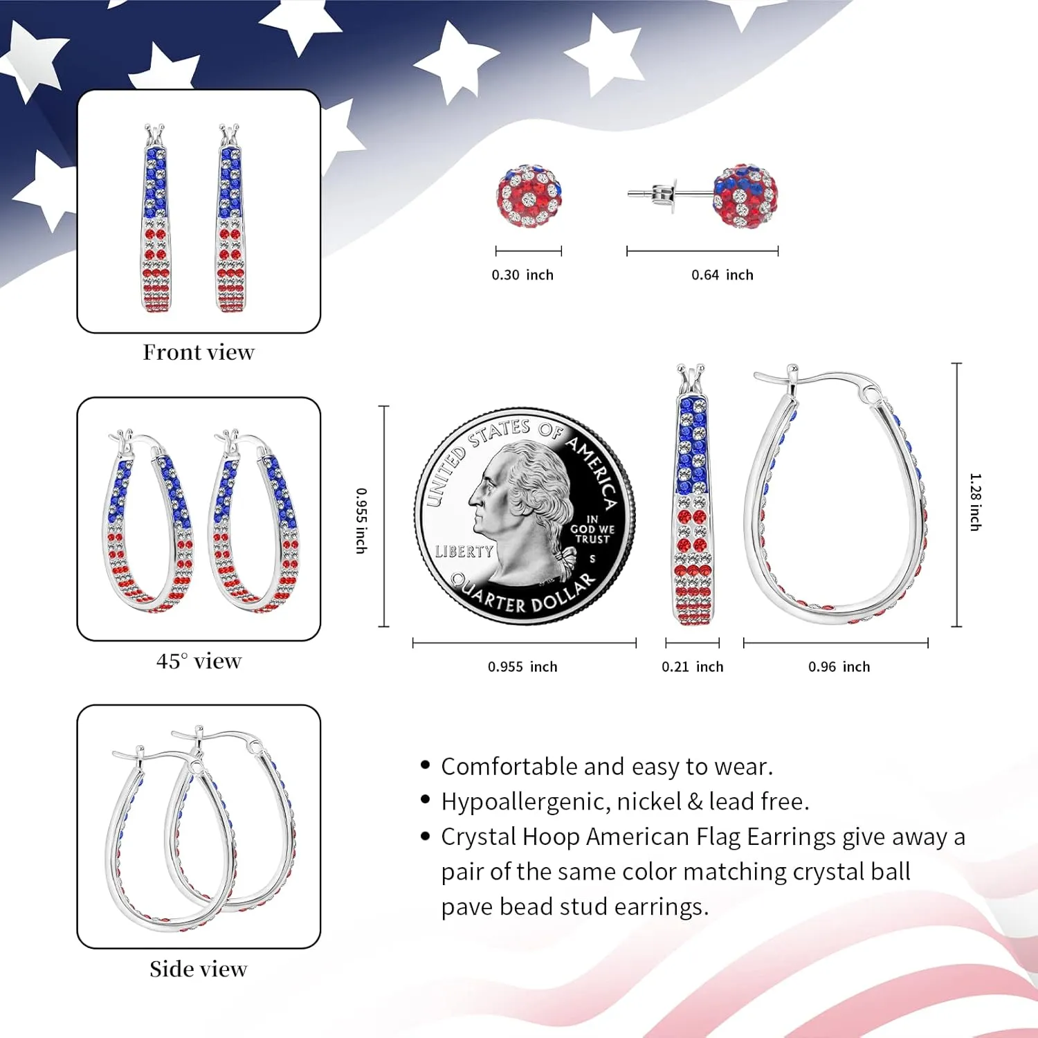 Crystal Hoop Earrings for Women Sparkly American Flag Earrings Silver Plated Red White and Blue Earrings Patriotic Jewelry Gift
