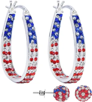 Crystal Hoop Earrings for Women Sparkly American Flag Earrings Silver Plated Red White and Blue Earrings Patriotic Jewelry Gift