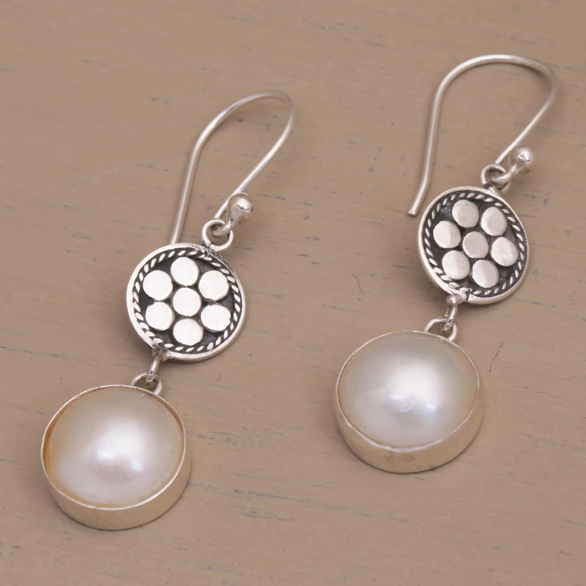 Cultured Mabe Pearl and Sterling Silver Earrings - Over the Moon | NOVICA