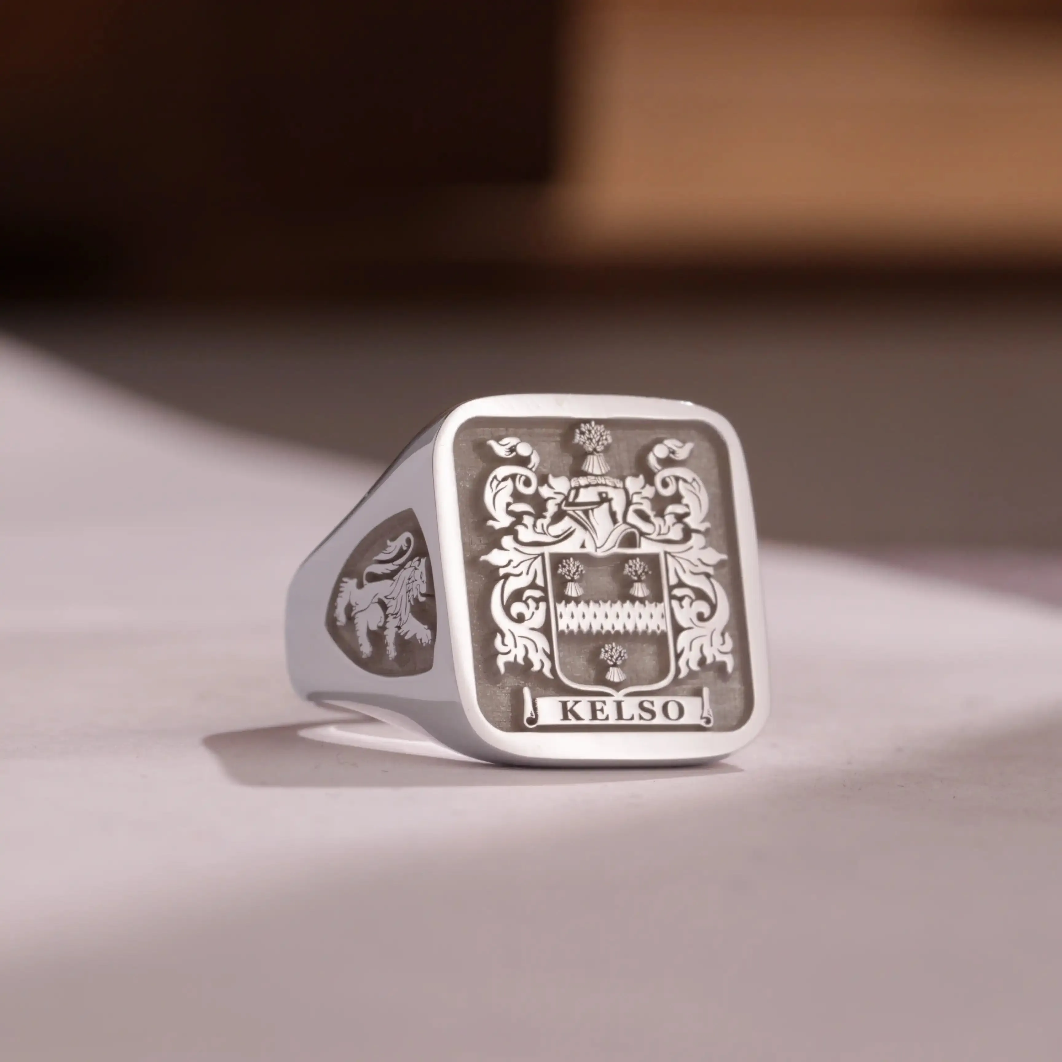 Custom Ring - White Gold Coated - Raised Design with Side Engravings