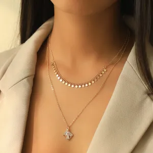 Double Layered Gold Chains With Rhinestone Minimalist Pendant